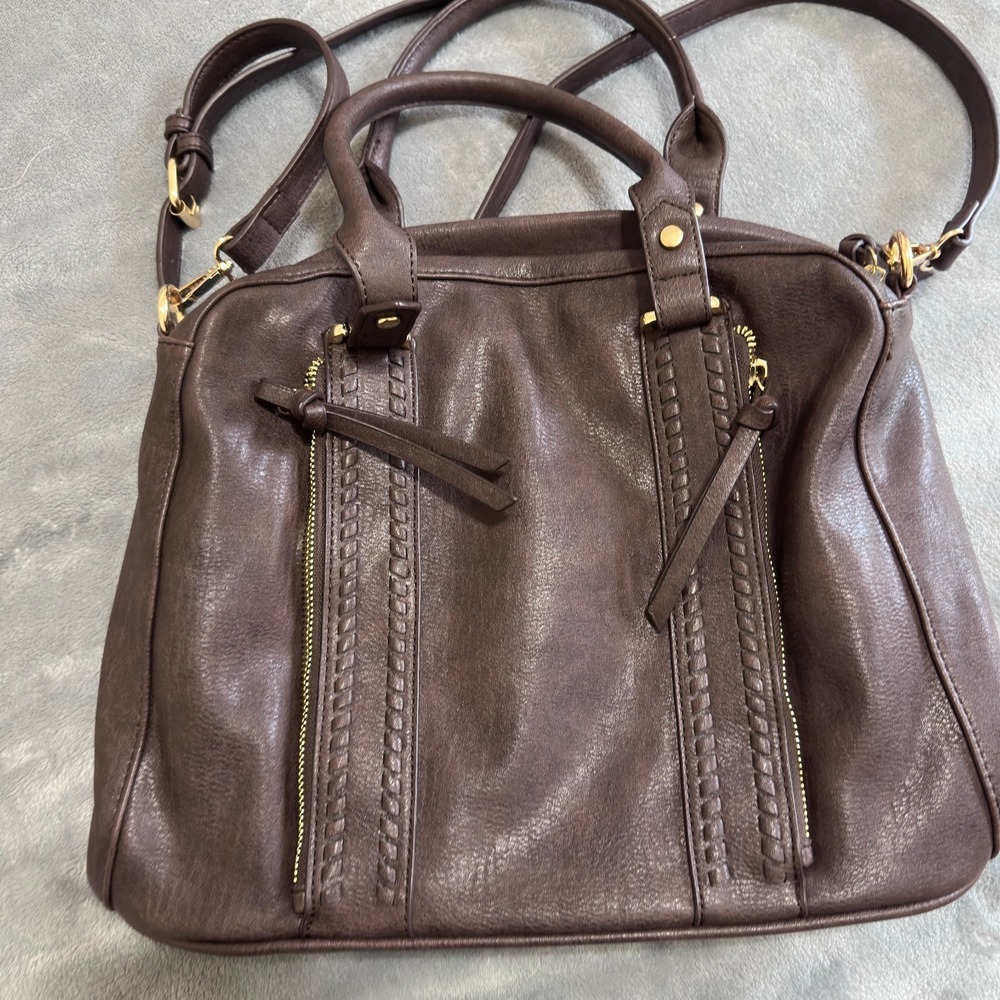 Sasha + Sofi Brown Faux Leather Satchel Crossbody Handbag Double Zip Tote Purse